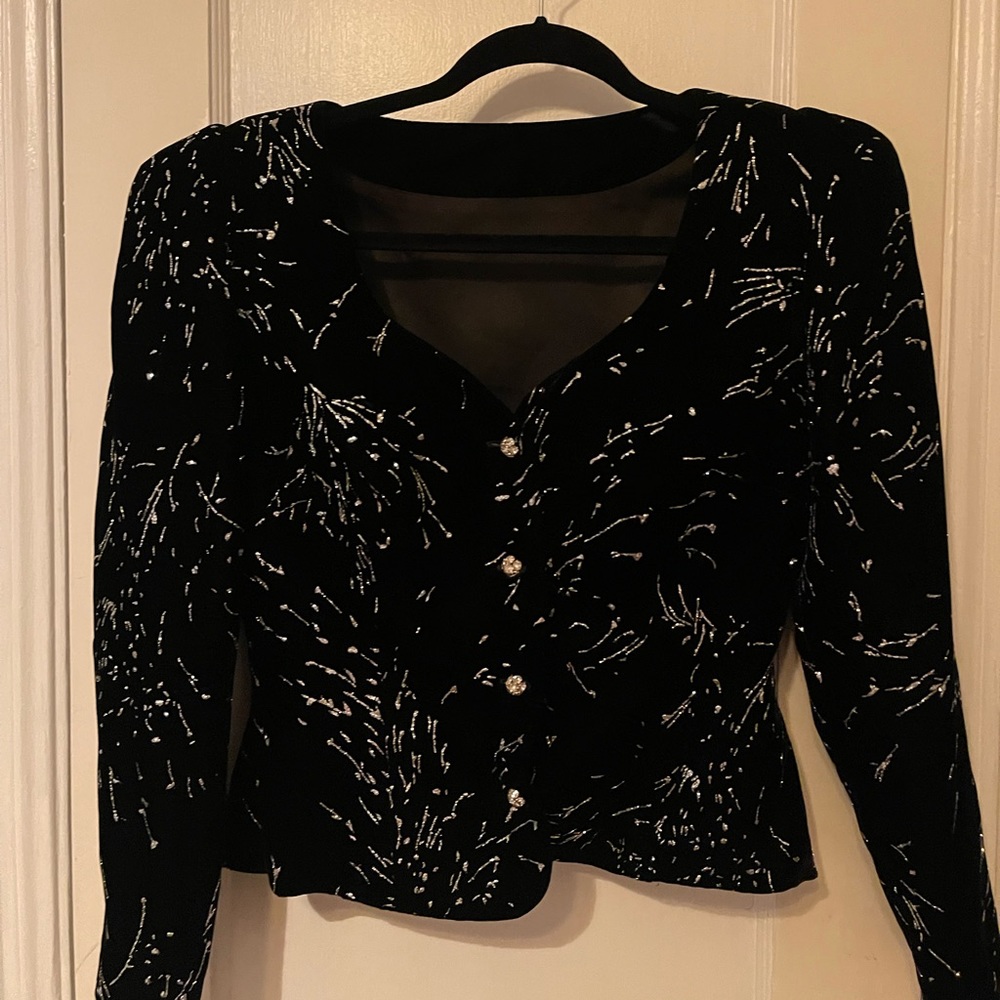Black velvet glitter print jacket by Susanna Beverly Hills. Size 6